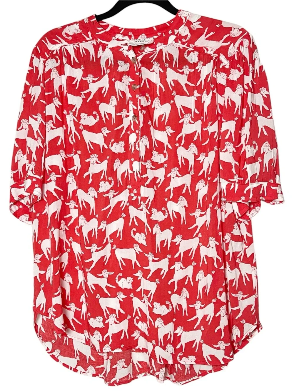 Anthropologie Emily Isabella Red Orange Dog & Cat Print Blouse L Whimsical Top - Picture 3 of 7